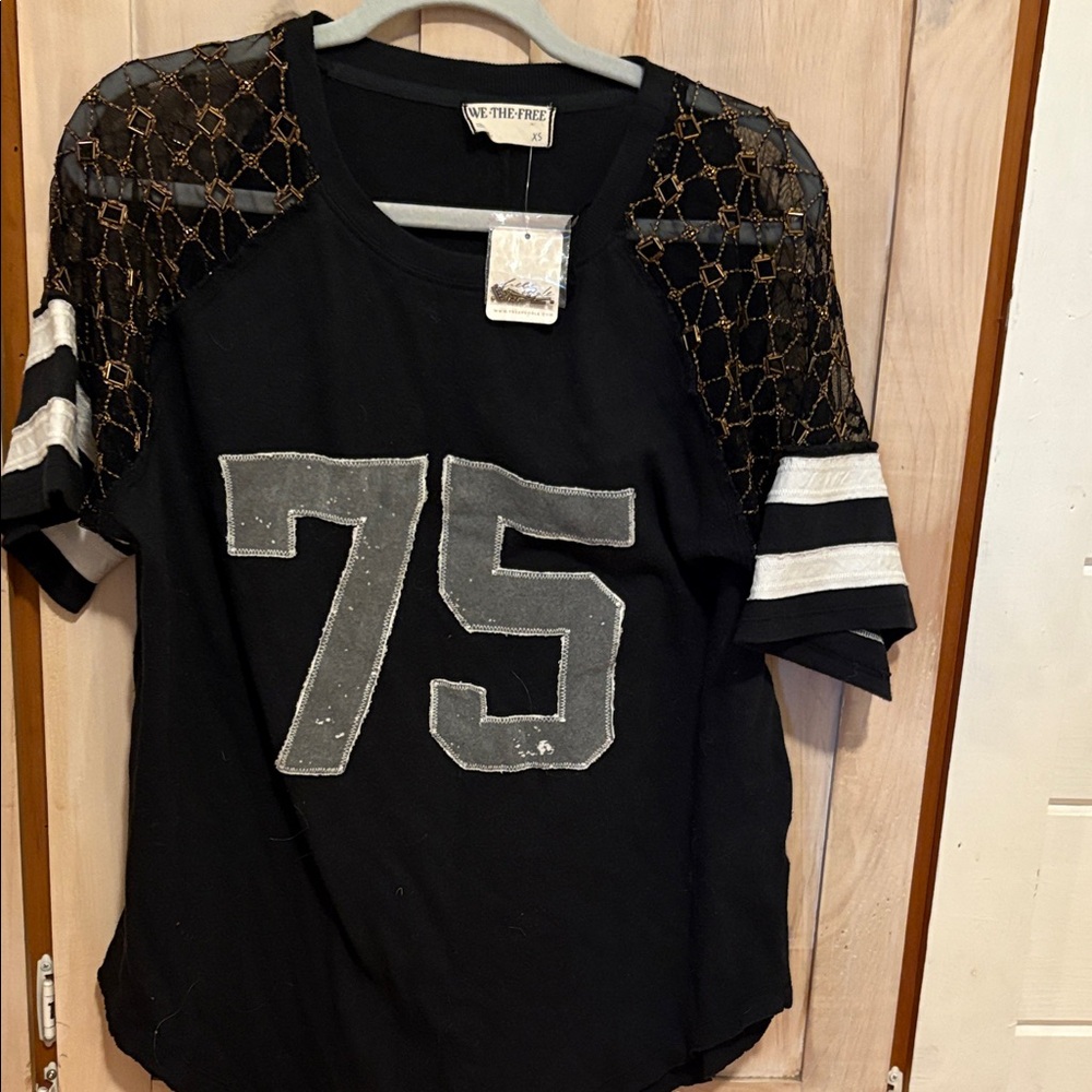 Free People Black Jersey with Lace Sleeves